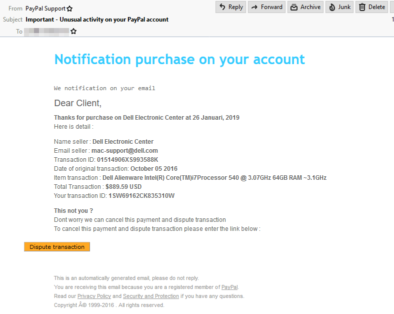 Screenshot of notification email from "Paypal"