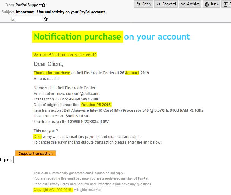 Fake paypal email screenshot with glaring faults highlighted