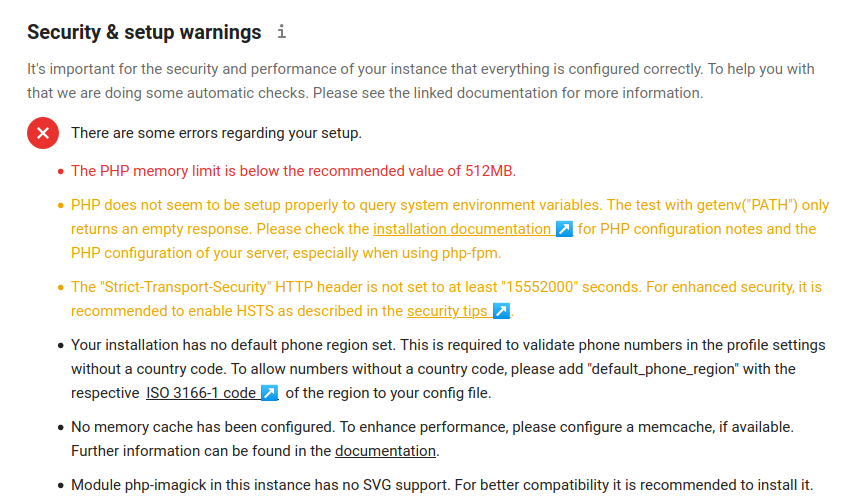 NextCloud Overview page with setup warnings