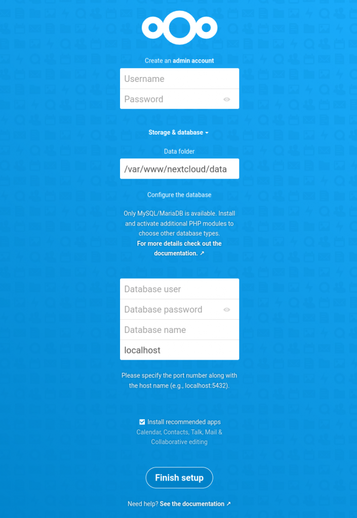 NextCloud setup welcome screen