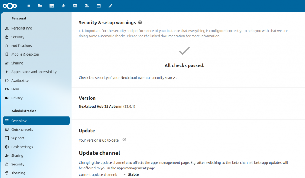 Screenshot showing all NextCloud automatic checks passing